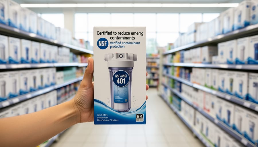 Hand holding water filter product showing NSF Standard 401 certification label