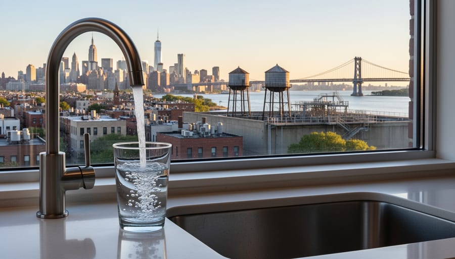 Chrome kitchen faucet with clear running water flowing into sink