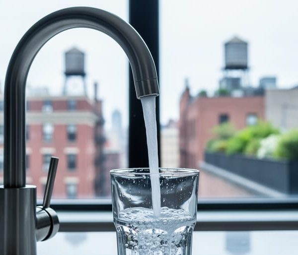 Close-up of water pouring from a stainless steel kitchen faucet into a clear glass in a New York City apartment, with a blurred skyline and rooftop water tower visible through the window.