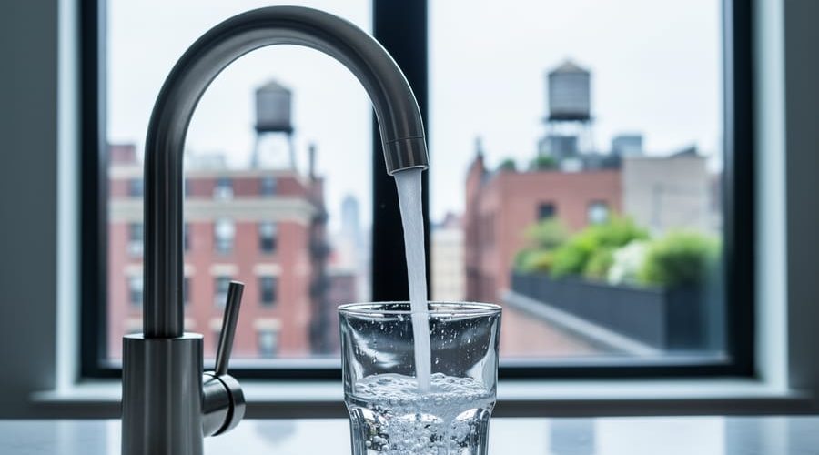 Close-up of water pouring from a stainless steel kitchen faucet into a clear glass in a New York City apartment, with a blurred skyline and rooftop water tower visible through the window.