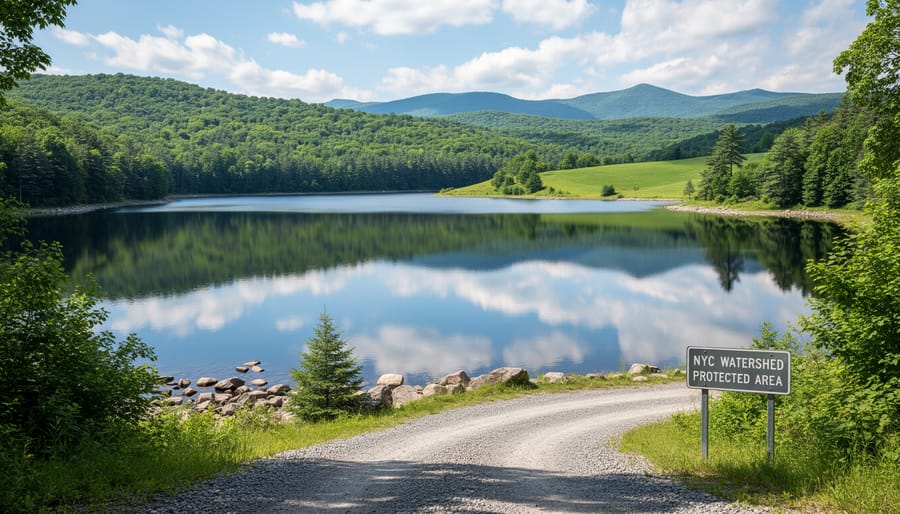 Aerial view of NYC reservoir surrounded by protected forest watershed