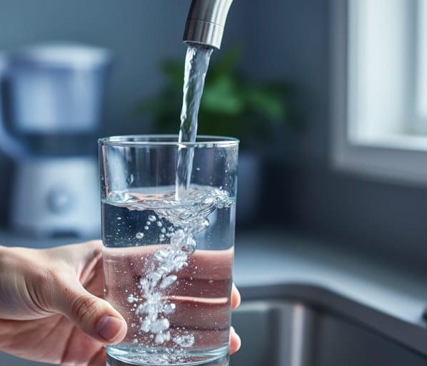 "Close-up of a clear glass being filled from a stainless steel kitchen faucet, faint iridescent swirls in the water suggesting unseen PFAS contamination, homeowner’s hand holding the glass with a blurred unbranded filter pitcher and plant in the background."