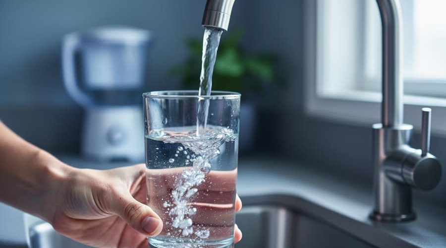 "Close-up of a clear glass being filled from a stainless steel kitchen faucet, faint iridescent swirls in the water suggesting unseen PFAS contamination, homeowner’s hand holding the glass with a blurred unbranded filter pitcher and plant in the background."