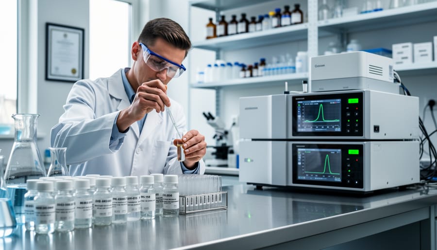 Laboratory technician holding water sample bottle for PFAS testing