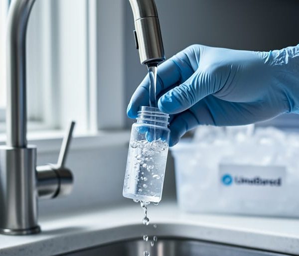 Gloved hand filling a clear sterile sample bottle under a running stainless-steel kitchen faucet, with a cooler pack and unbranded lab kit blurred on the countertop in the background, representing PFAS well water testing.