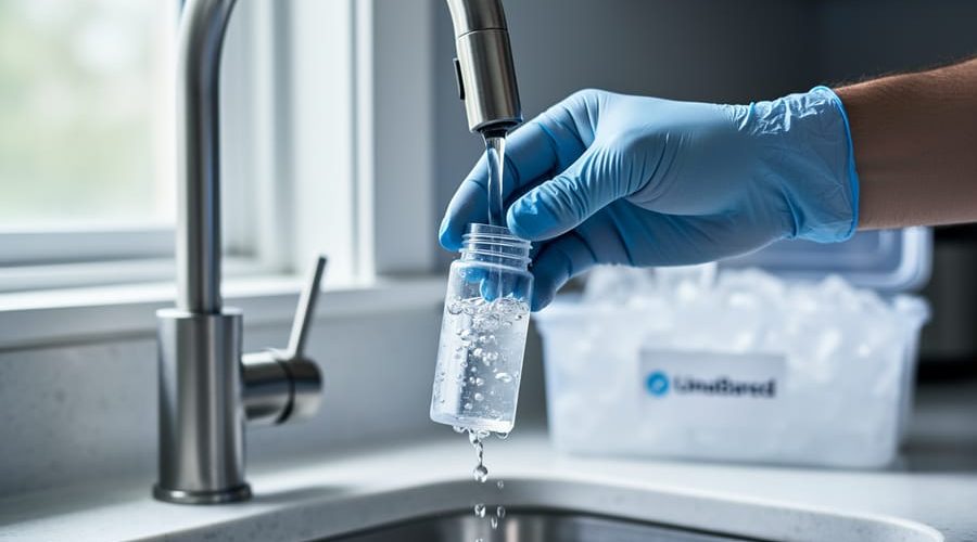 Gloved hand filling a clear sterile sample bottle under a running stainless-steel kitchen faucet, with a cooler pack and unbranded lab kit blurred on the countertop in the background, representing PFAS well water testing.