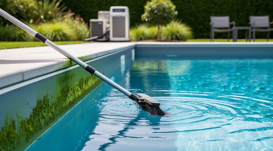 Long-handled pool brush scrubbing the wall of a backyard in-ground pool as clear blue water ripples from return jets, with soft landscaping and patio in the background.
