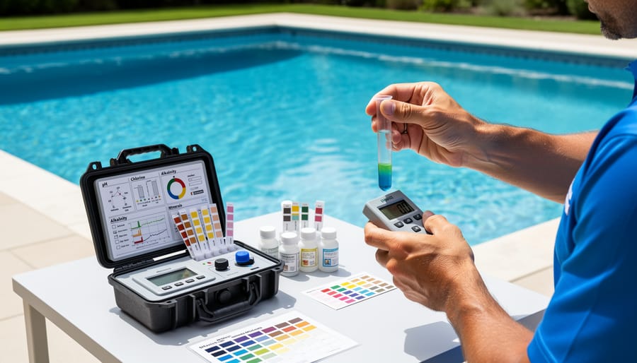 Pool owner using chemical test strips to check water quality levels