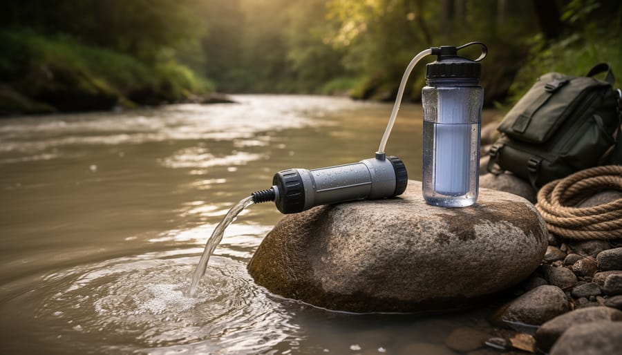 Person using portable water filter to purify natural water into camping cup