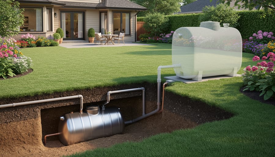 Beautiful residential backyard with lawn and garden showing preserved outdoor space