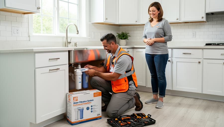 Professional plumber installing water filtration system under kitchen sink