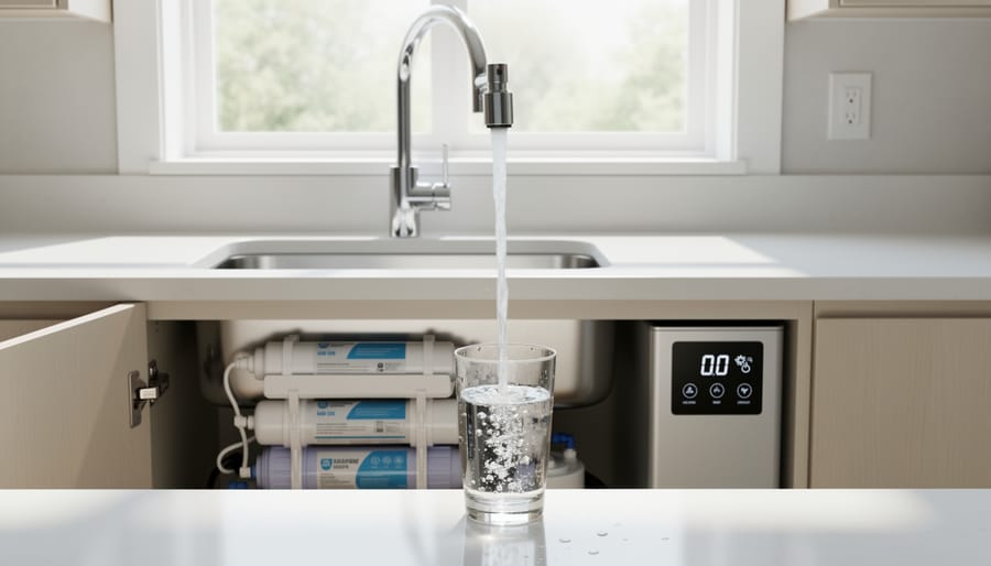 Clear purified water being poured from kitchen faucet into glass