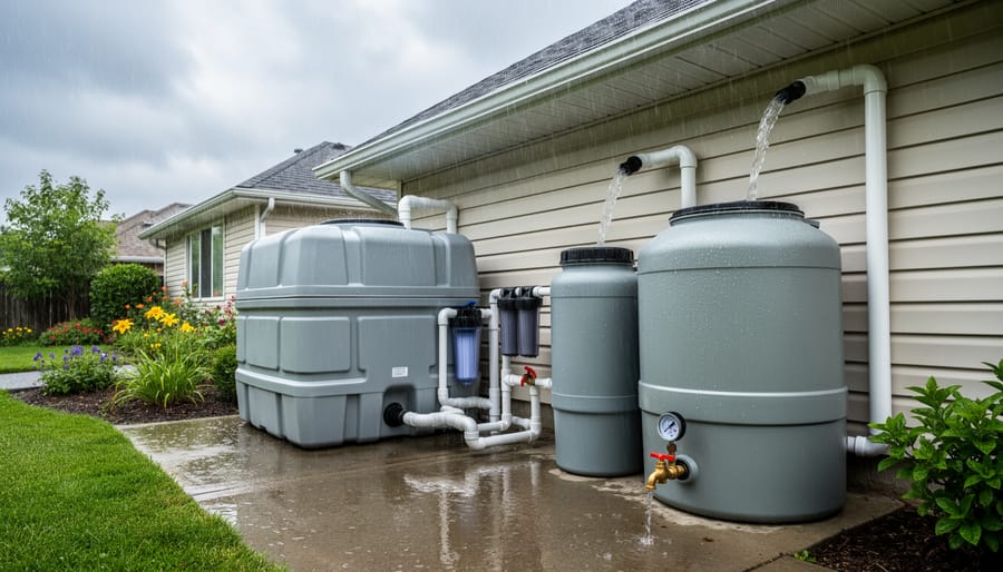 Rainwater flowing from roof gutter into collection barrel during storm