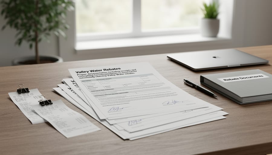 Application documents, calculator, and receipts for water rebate program on desk
