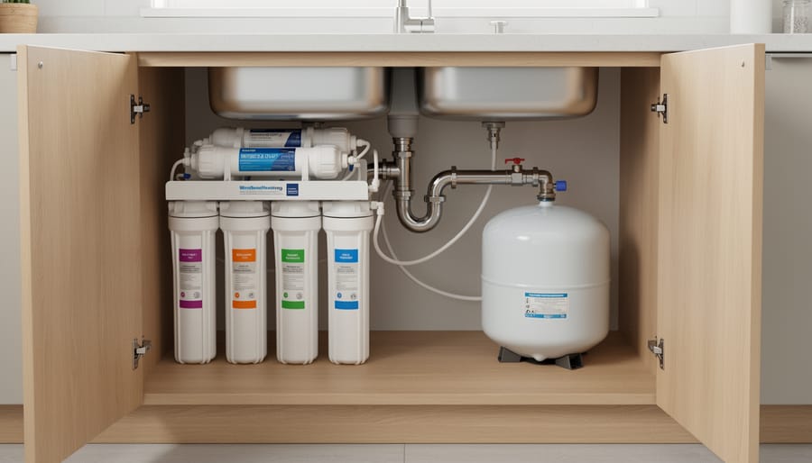 Under-sink reverse osmosis water filtration system with blue storage tank and white filter canisters
