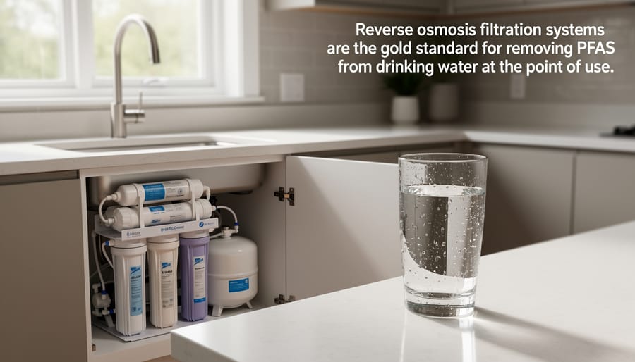 Reverse osmosis water filtration system installed under kitchen sink