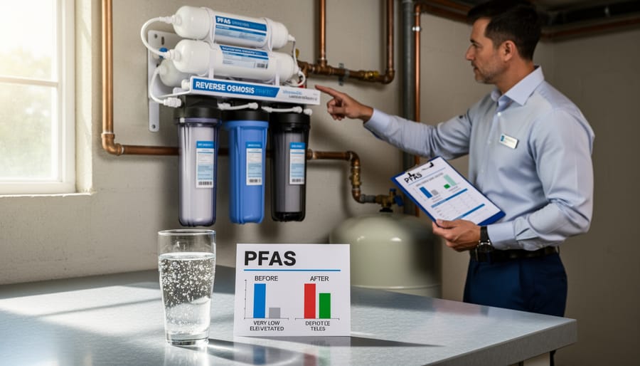 Reverse osmosis water filtration system installed under residential sink