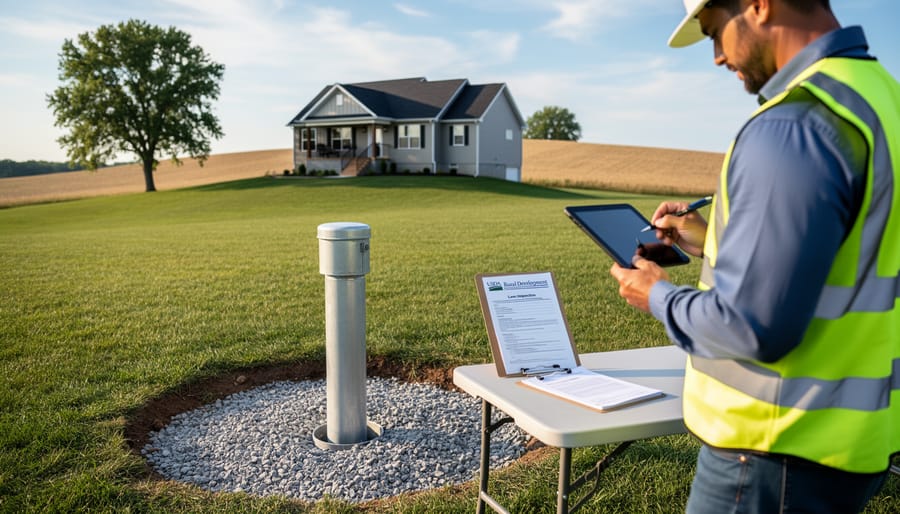 Residential water well head with blue protective casing and pressure tank in rural property yard