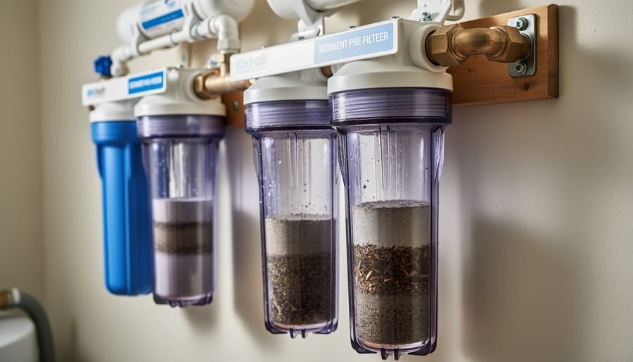 Used sediment filter cartridge showing trapped dirt and particles from well water