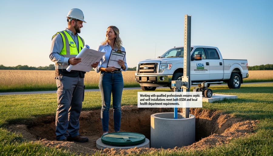 Licensed contractor inspecting septic system installation at rural property