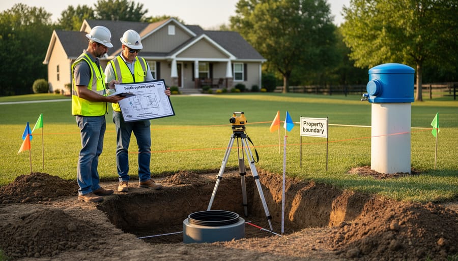 Septic tank access lid and drain field in residential lawn showing proper installation