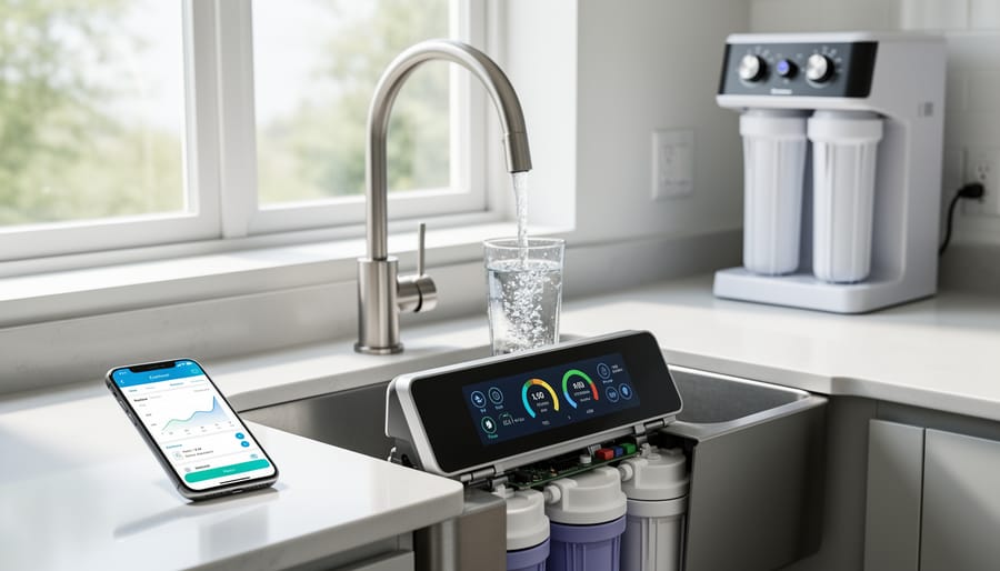 Modern smart water filtration system with LED indicators installed under kitchen sink