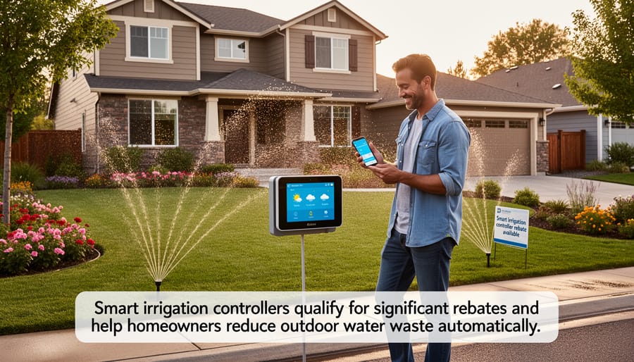 Homeowner installing smart irrigation controller on exterior wall