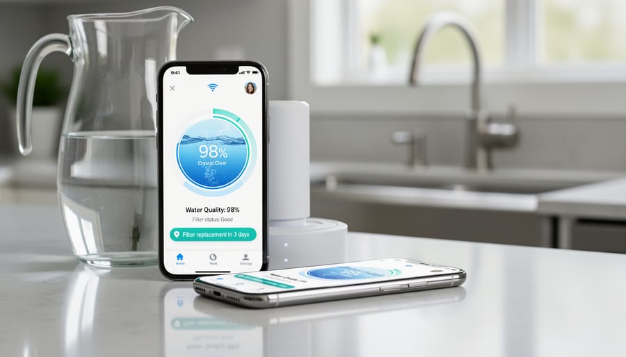 Smartphone showing water quality monitoring app next to glass of filtered water