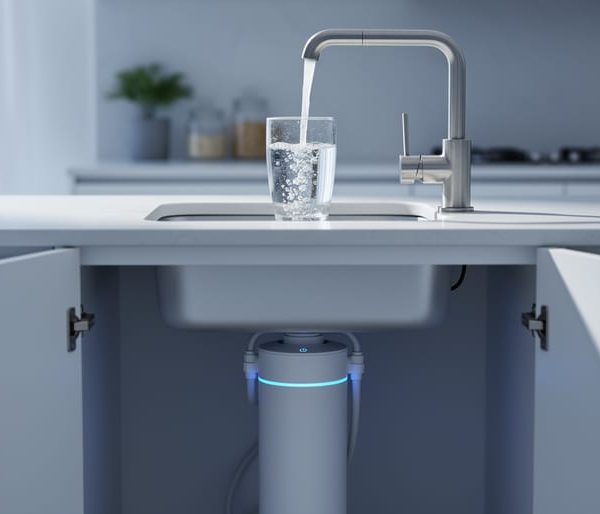 Clear glass being filled under a stainless kitchen faucet with an open under-sink cabinet showing a sleek cylindrical smart water filter with a glowing indicator; modern white kitchen softly blurred in the background