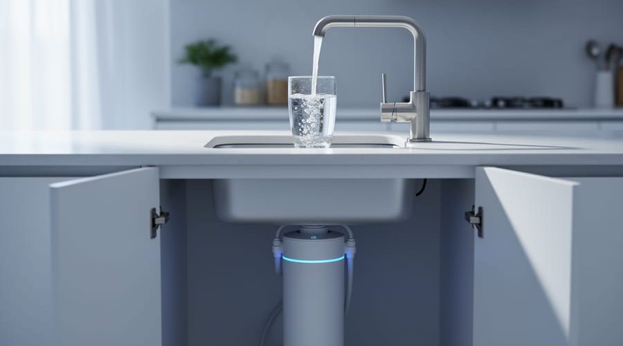 Clear glass being filled under a stainless kitchen faucet with an open under-sink cabinet showing a sleek cylindrical smart water filter with a glowing indicator; modern white kitchen softly blurred in the background