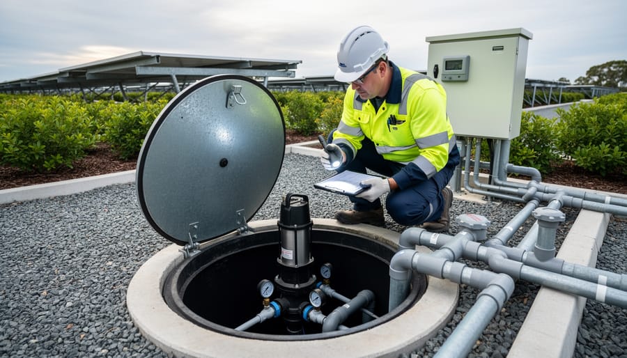 Homeowner performing maintenance inspection on underground rainwater system access point