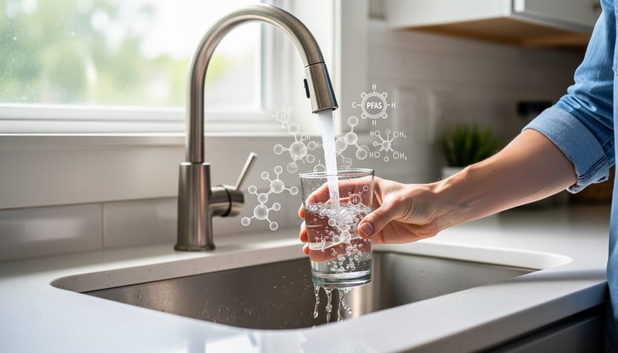 Glass being filled with tap water from kitchen faucet