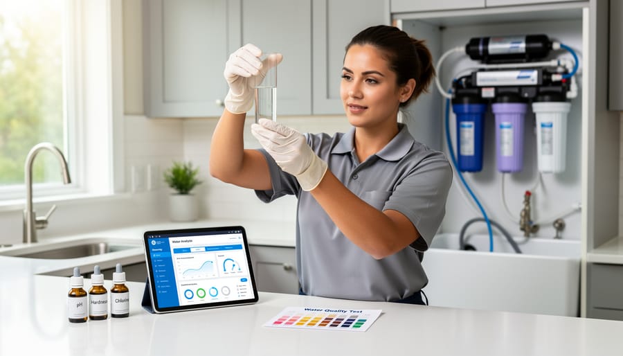 Person holding glass of filtered water to light in modern kitchen