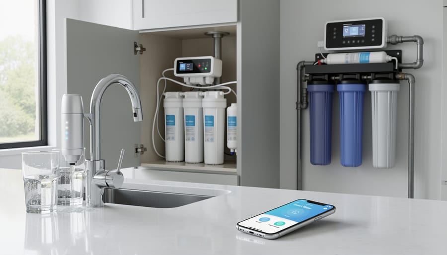 Three types of smart water filtration systems showing faucet, under-sink, and whole-house options
