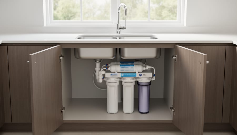 Under-sink water filtration system with multiple filter canisters installed in kitchen cabinet