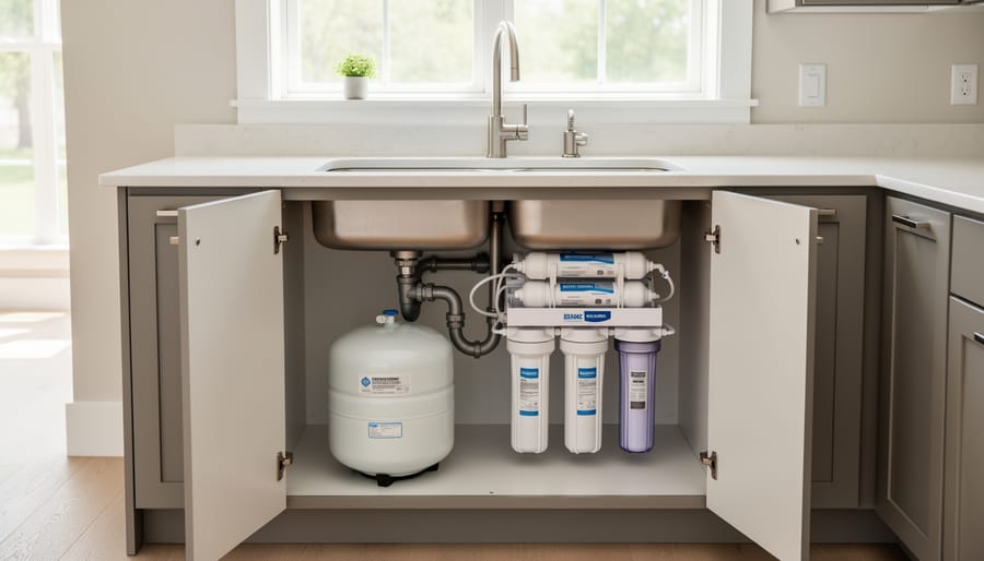 Under-sink reverse osmosis water filtration system installed in kitchen cabinet