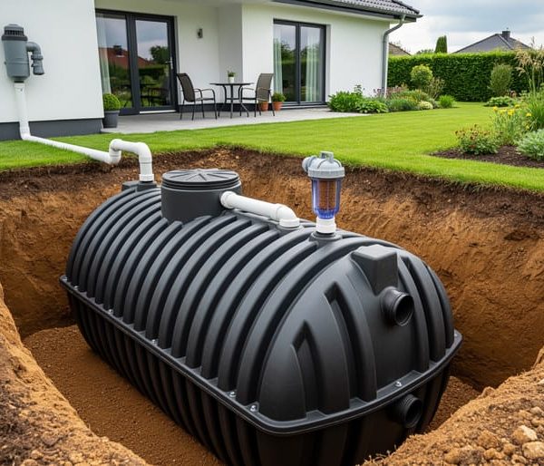 Partially buried polyethylene rainwater cistern in a backyard excavation connected to a house downspout via PVC pipe, with first-flush diverter and sediment filter visible; suburban home, lawn, and patio in the background.