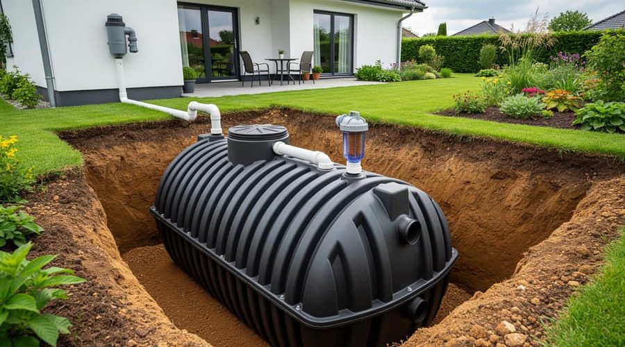 Partially buried polyethylene rainwater cistern in a backyard excavation connected to a house downspout via PVC pipe, with first-flush diverter and sediment filter visible; suburban home, lawn, and patio in the background.