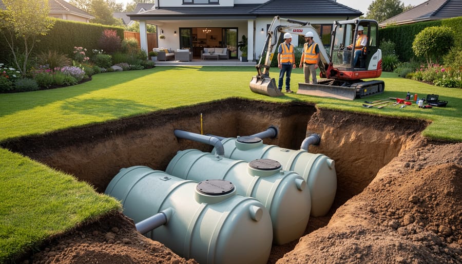 Underground rainwater storage tank being installed in excavated residential yard