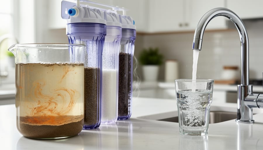 Glass of well water showing rust-colored sediment and particles from untreated source