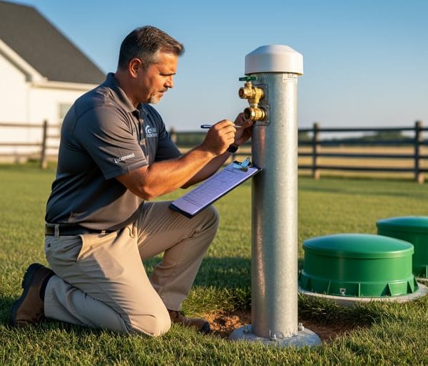 Home inspector checking a sanitary wellhead and nearby green septic tank access risers in a grassy rural yard with a farmhouse and split-rail fence softly blurred behind.