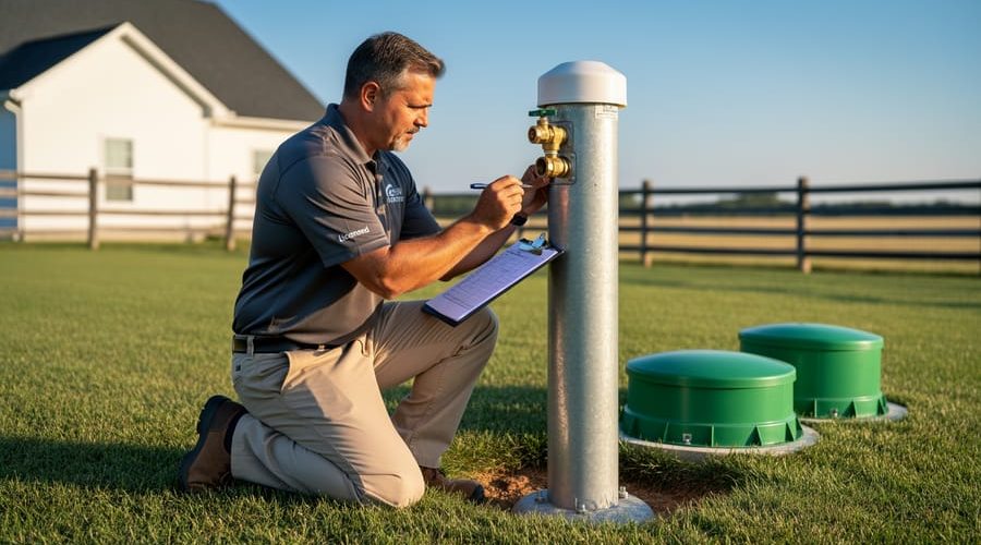 Home inspector checking a sanitary wellhead and nearby green septic tank access risers in a grassy rural yard with a farmhouse and split-rail fence softly blurred behind.