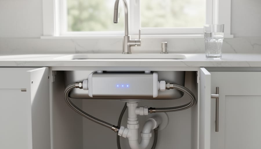 UV-C LED water disinfection unit with glowing blue chamber mounted on wall