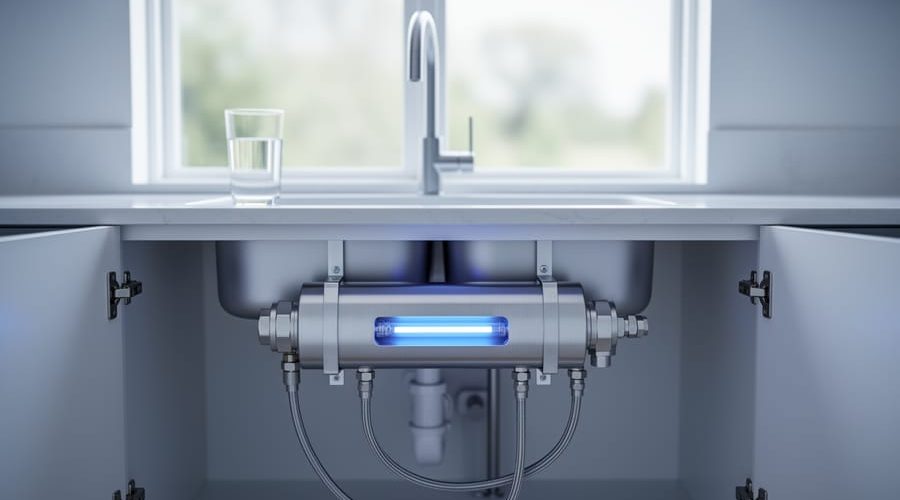 Under-sink UV-C LED water purifier with stainless pre-filters and a subtle blue-lit chamber beneath a modern kitchen sink, with a blurred faucet and glass of water on the countertop in the background.