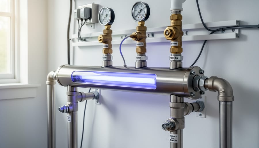 UV water disinfection system with blue ultraviolet light glowing in cylindrical chamber
