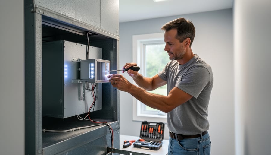 Homeowner installing UV-C LED water disinfection system under kitchen sink