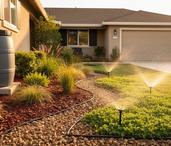 California front yard with drought-tolerant landscaping, drip irrigation, light sprinkler mist, and a rain barrel by the downspout, with the home softly blurred in the background at golden hour