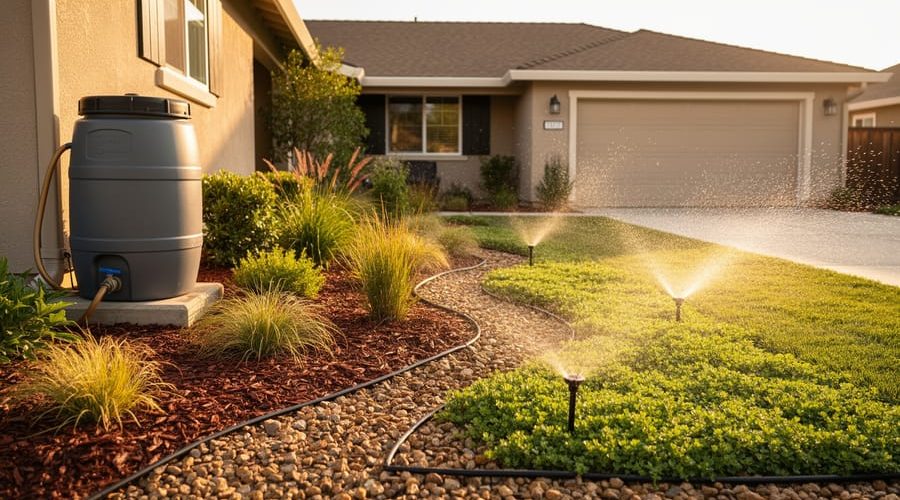 California front yard with drought-tolerant landscaping, drip irrigation, light sprinkler mist, and a rain barrel by the downspout, with the home softly blurred in the background at golden hour