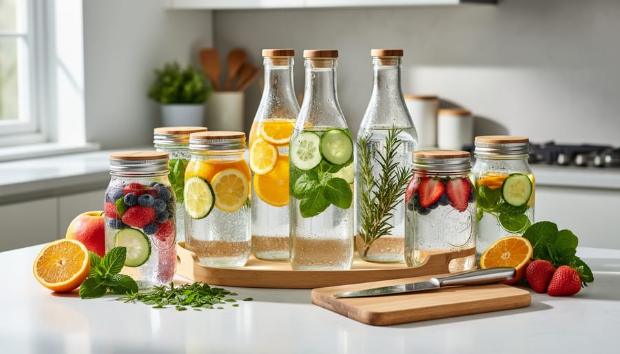 Three mason jars containing different flavored alkaline waters with citrus, berries, and herbs