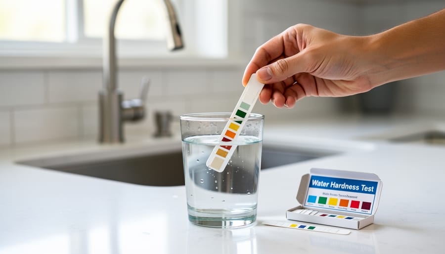 Water hardness test strip being used to measure mineral content in tap water